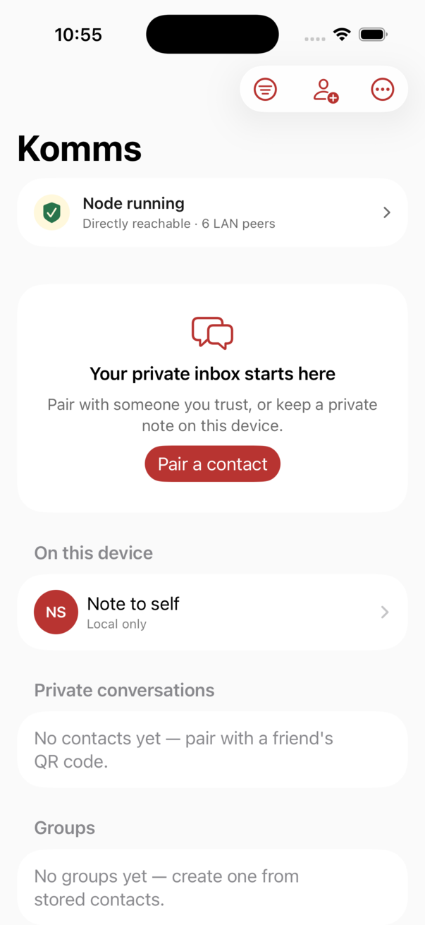 Komms conversation-first inbox showing node health, pairing, note to self, private conversations, and groups