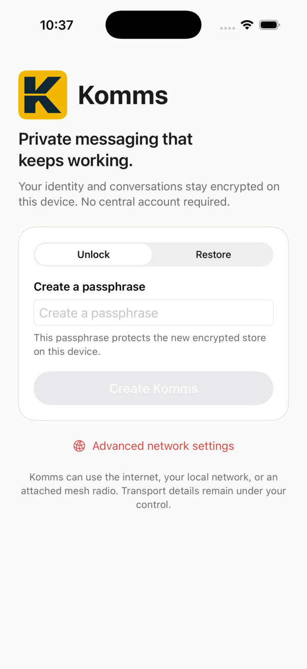Komms unlock screen with the yellow K mark and private messaging introduction
